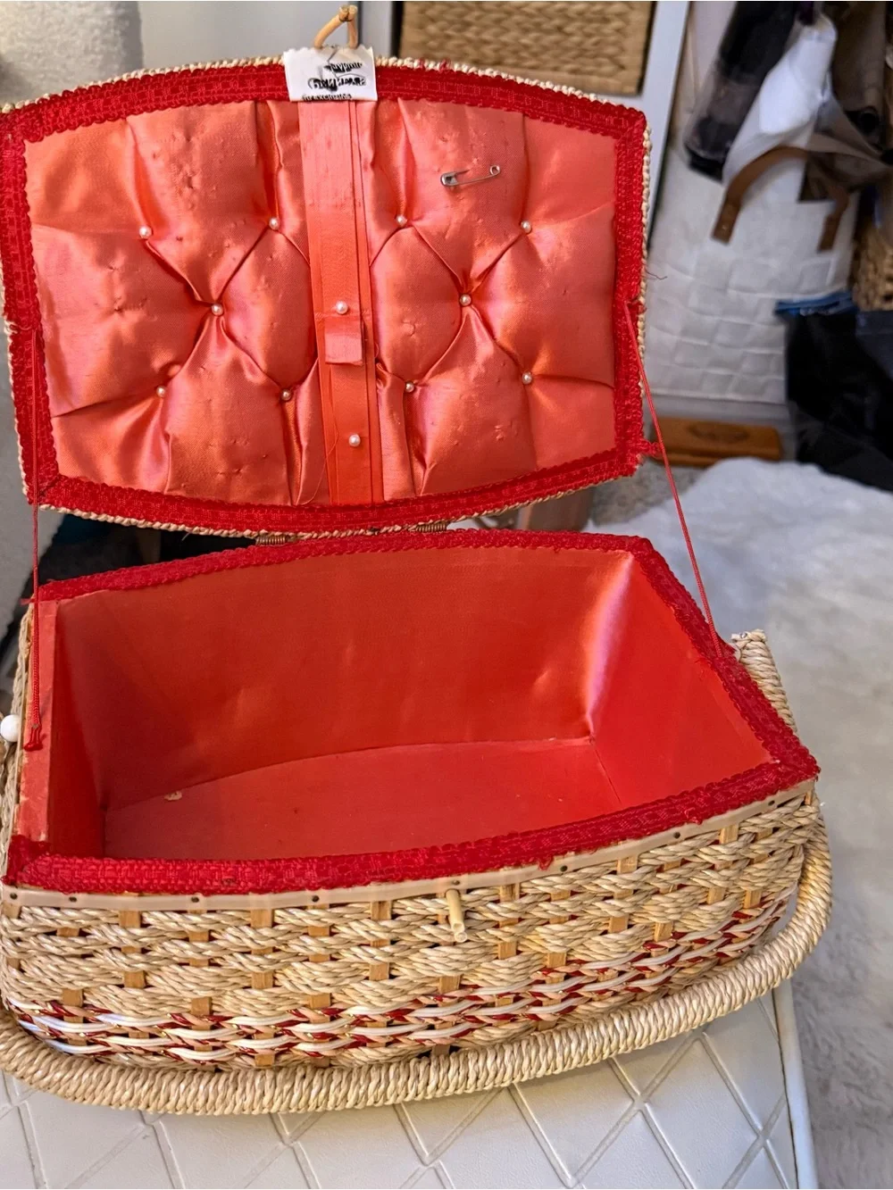 Vintage Penney's Fashion Wicker Sewing Basket with Floral Lid Cottagecore